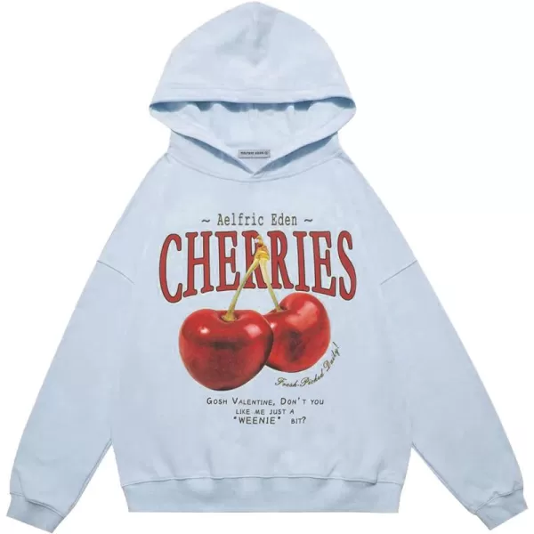 Aelfric Eden Graphic Hoodies Unisex Cherries Printed Oversized Hoodie Sweatshirt Long Sleeve Streetwear Hooded PulloverBlue