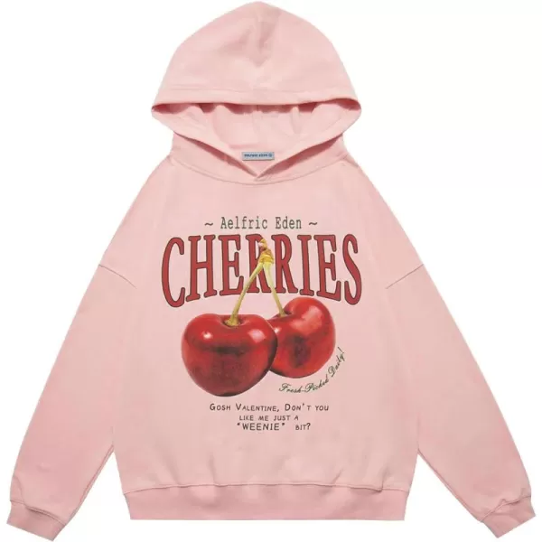 Aelfric Eden Graphic Hoodies Unisex Cherries Printed Oversized Hoodie Sweatshirt Long Sleeve Streetwear Hooded PulloverPink