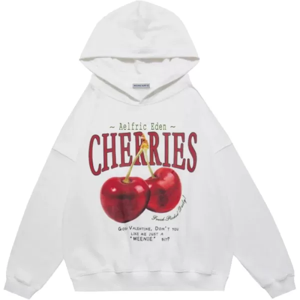 Aelfric Eden Graphic Hoodies Unisex Cherries Printed Oversized Hoodie Sweatshirt Long Sleeve Streetwear Hooded PulloverWhite