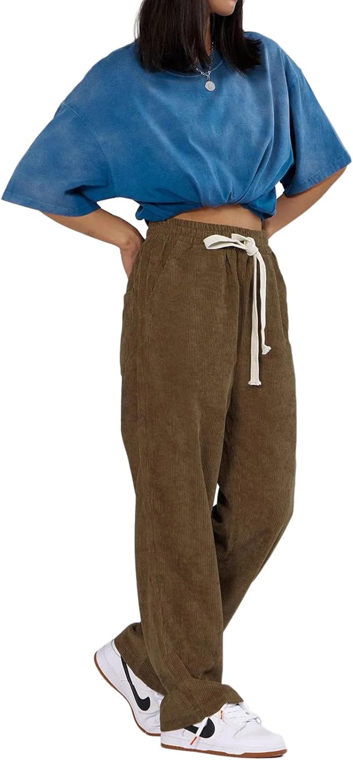 Aelfric Eden Mens Corduroy Vintage Cargo Sweatpants Long Solid Elastic Waist Casual Pants Hip hop Streetwear Pant09brown