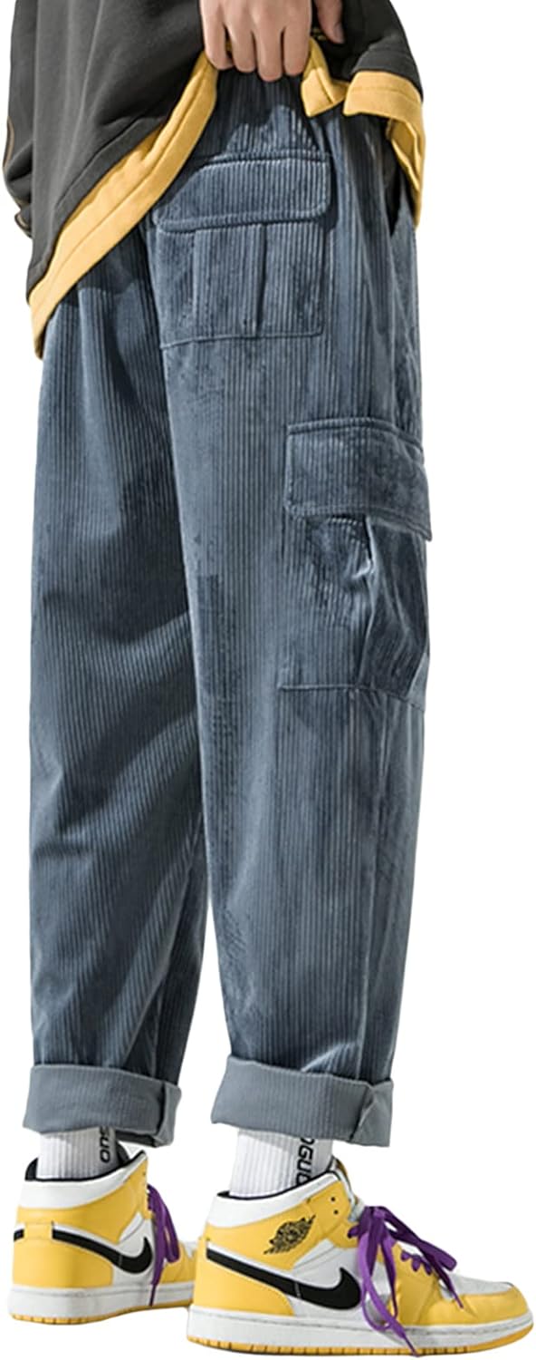 Aelfric Eden Mens Corduroy Vintage Cargo Sweatpants Long Solid Elastic Waist Casual Pants Hip hop Streetwear Pant11blue