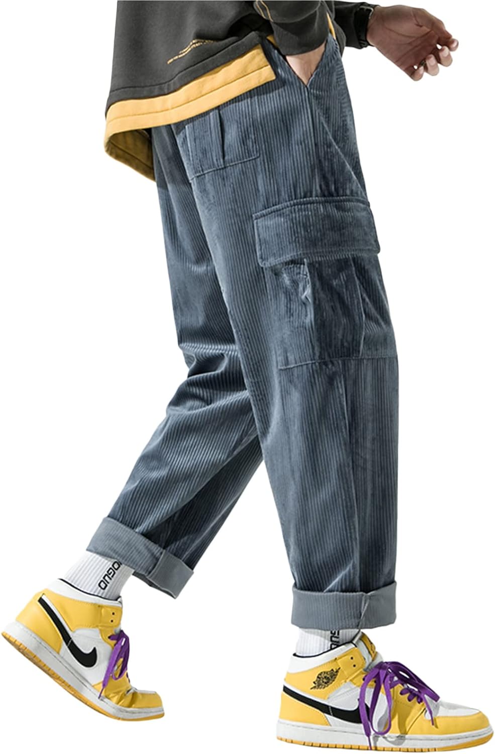 Aelfric Eden Mens Corduroy Vintage Cargo Sweatpants Long Solid Elastic Waist Casual Pants Hip hop Streetwear Pant11blue