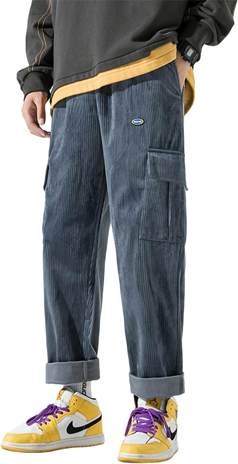 Aelfric Eden Mens Corduroy Vintage Cargo Sweatpants Long Solid Elastic Waist Casual Pants Hip hop Streetwear Pant11blue