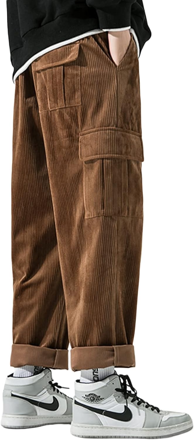 Aelfric Eden Mens Corduroy Vintage Cargo Sweatpants Long Solid Elastic Waist Casual Pants Hip hop Streetwear Pant11brown