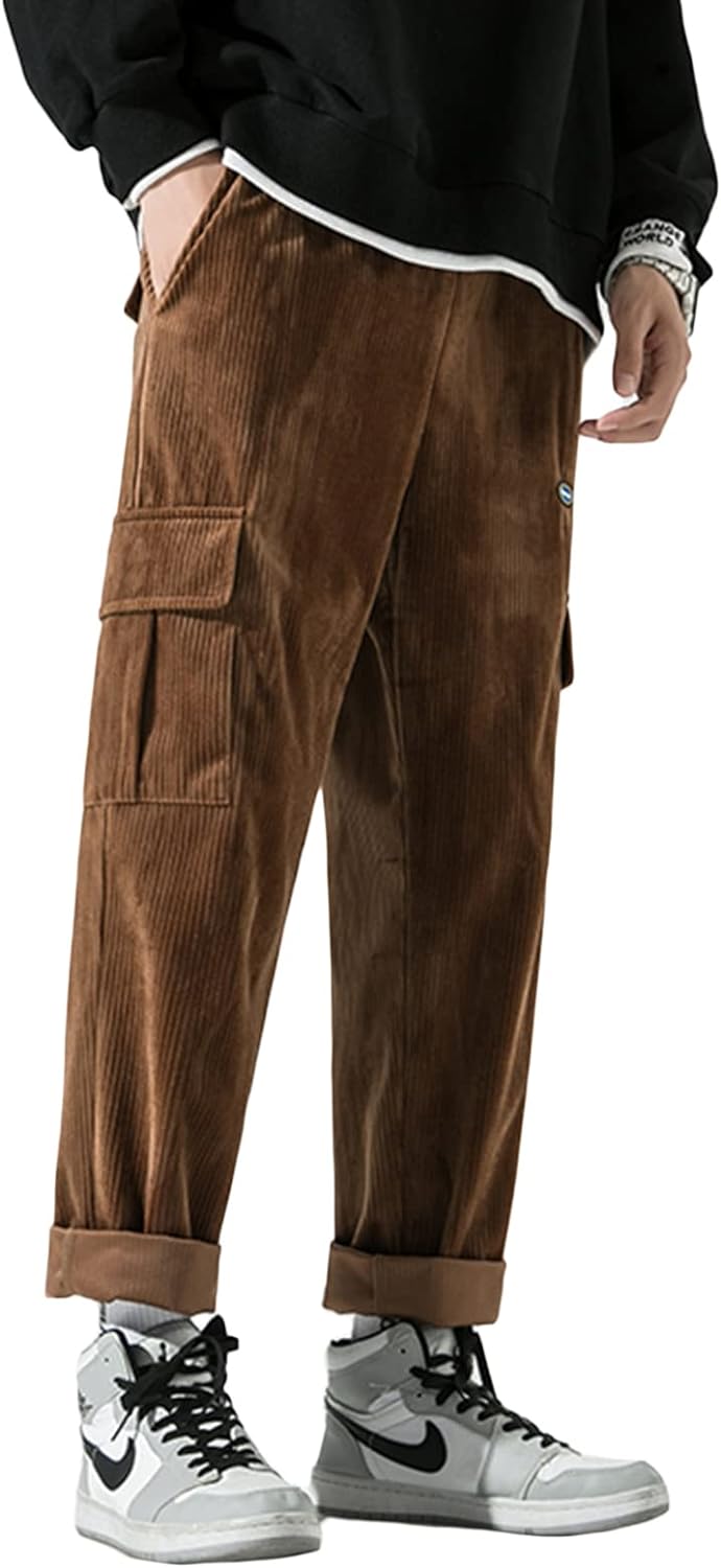 Aelfric Eden Mens Corduroy Vintage Cargo Sweatpants Long Solid Elastic Waist Casual Pants Hip hop Streetwear Pant11brown