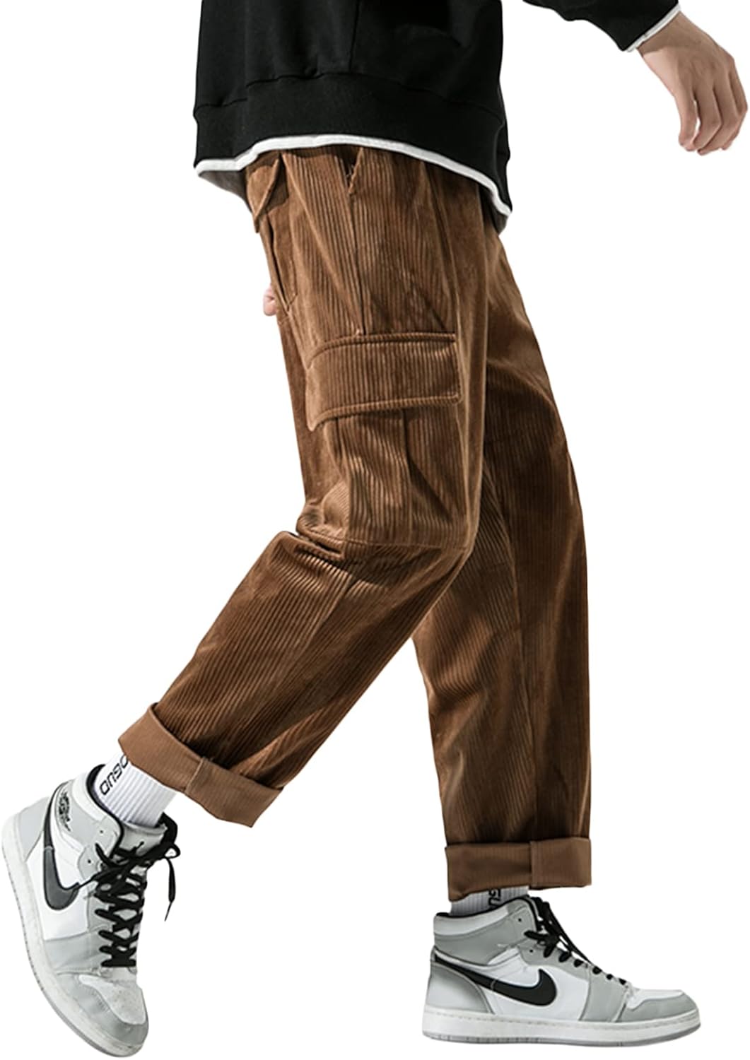 Aelfric Eden Mens Corduroy Vintage Cargo Sweatpants Long Solid Elastic Waist Casual Pants Hip hop Streetwear Pant11brown