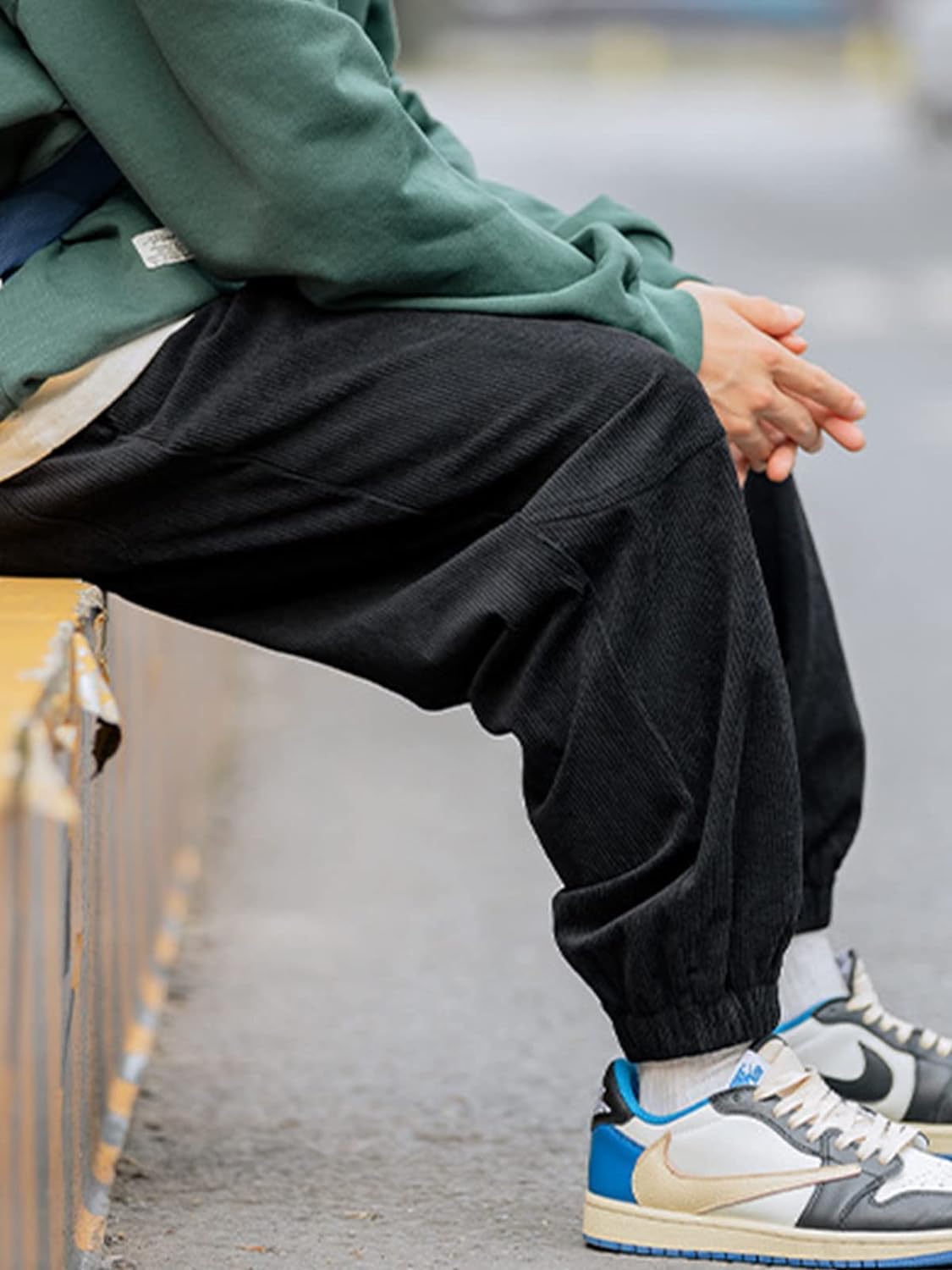 Aelfric Eden Mens Corduroy Vintage Cargo Sweatpants Long Solid Elastic Waist Casual Pants Hip hop Streetwear Pant13black
