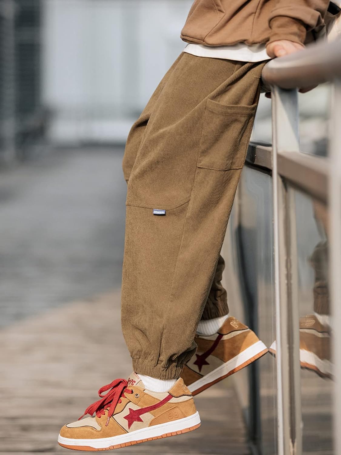 Aelfric Eden Mens Corduroy Vintage Cargo Sweatpants Long Solid Elastic Waist Casual Pants Hip hop Streetwear Pant13brown