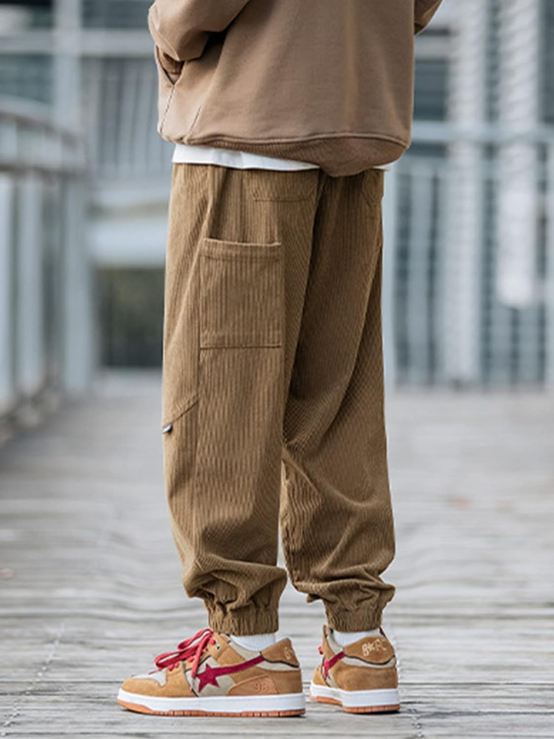 Aelfric Eden Mens Corduroy Vintage Cargo Sweatpants Long Solid Elastic Waist Casual Pants Hip hop Streetwear Pant13brown