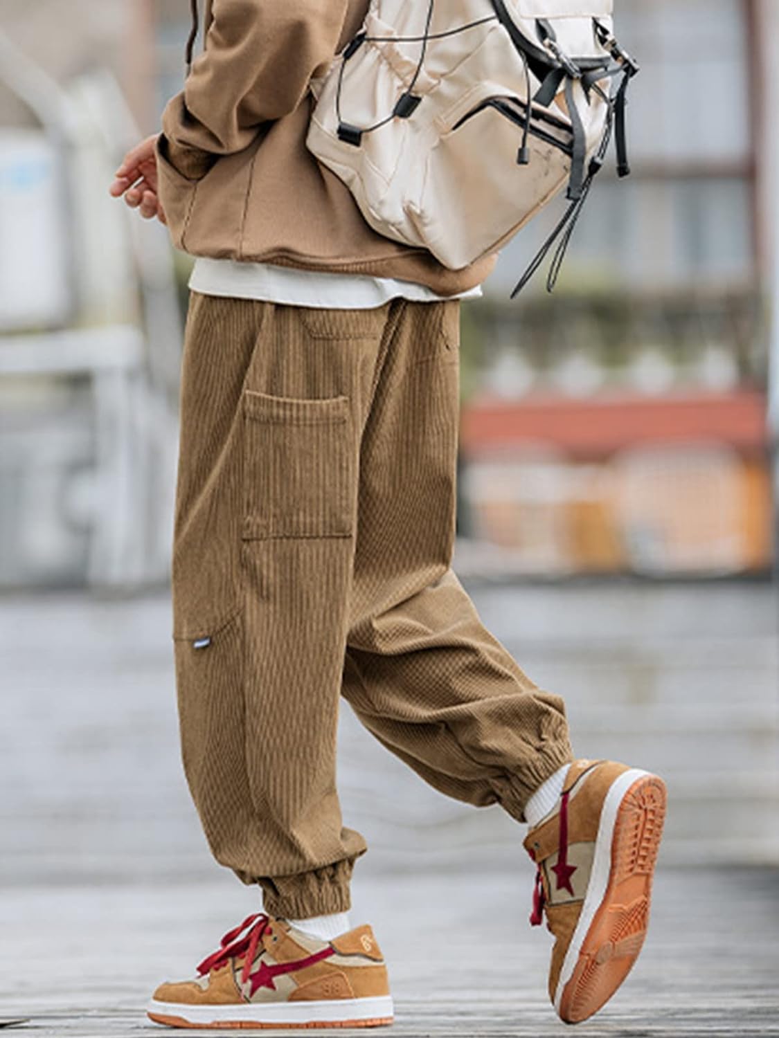 Aelfric Eden Mens Corduroy Vintage Cargo Sweatpants Long Solid Elastic Waist Casual Pants Hip hop Streetwear Pant13brown