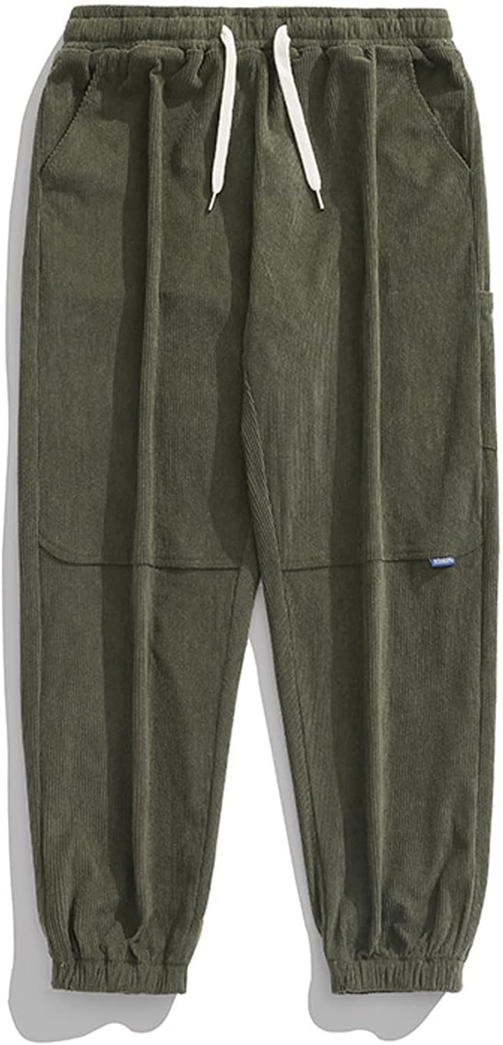 Aelfric Eden Mens Corduroy Vintage Cargo Sweatpants Long Solid Elastic Waist Casual Pants Hip hop Streetwear Pant13green