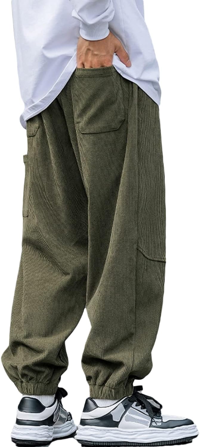 Aelfric Eden Mens Corduroy Vintage Cargo Sweatpants Long Solid Elastic Waist Casual Pants Hip hop Streetwear Pant13green