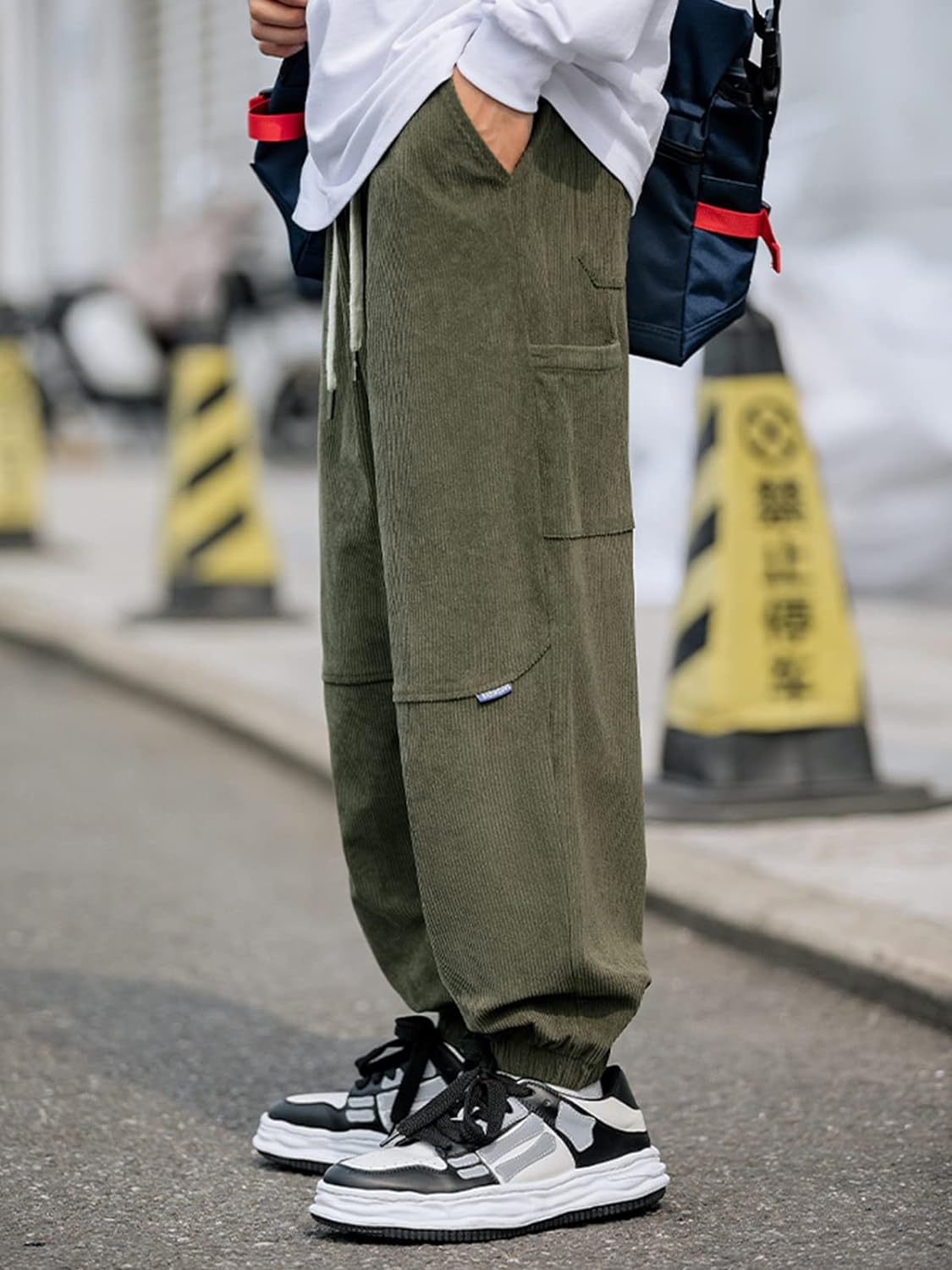 Aelfric Eden Mens Corduroy Vintage Cargo Sweatpants Long Solid Elastic Waist Casual Pants Hip hop Streetwear Pant13green