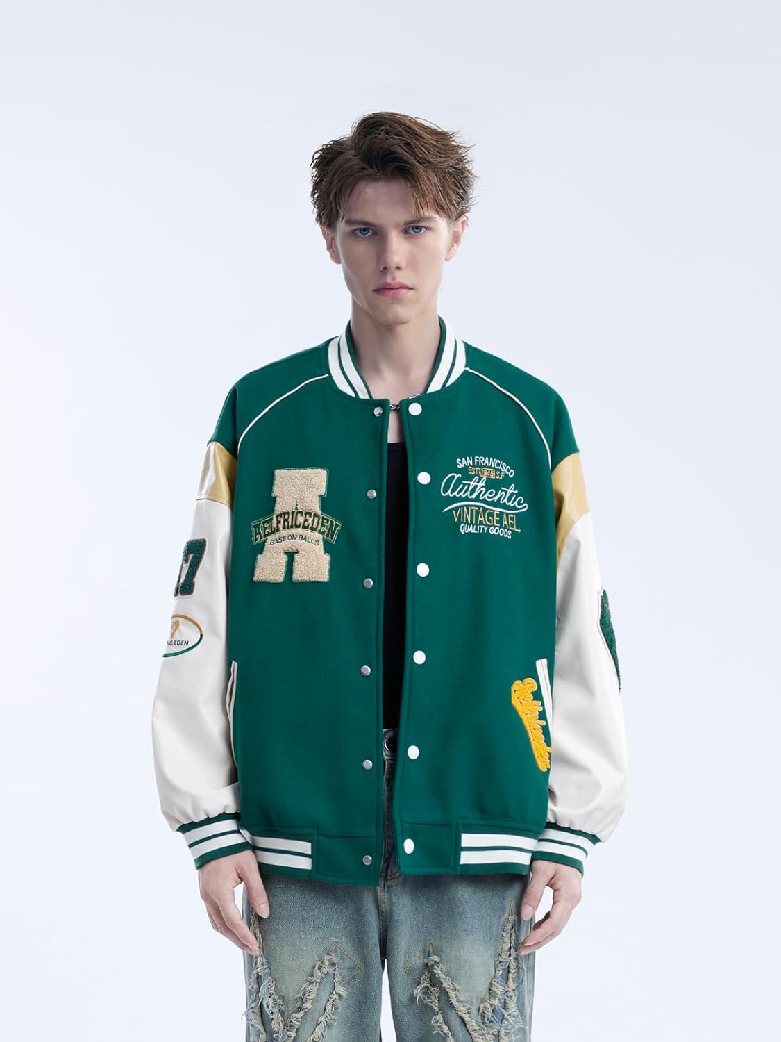 Aelfric Eden Mens Varsity Jacket Vintage Racing Motorcycle Graphic Bomber Jackets Oversized Unisex Streetwear jacket05green