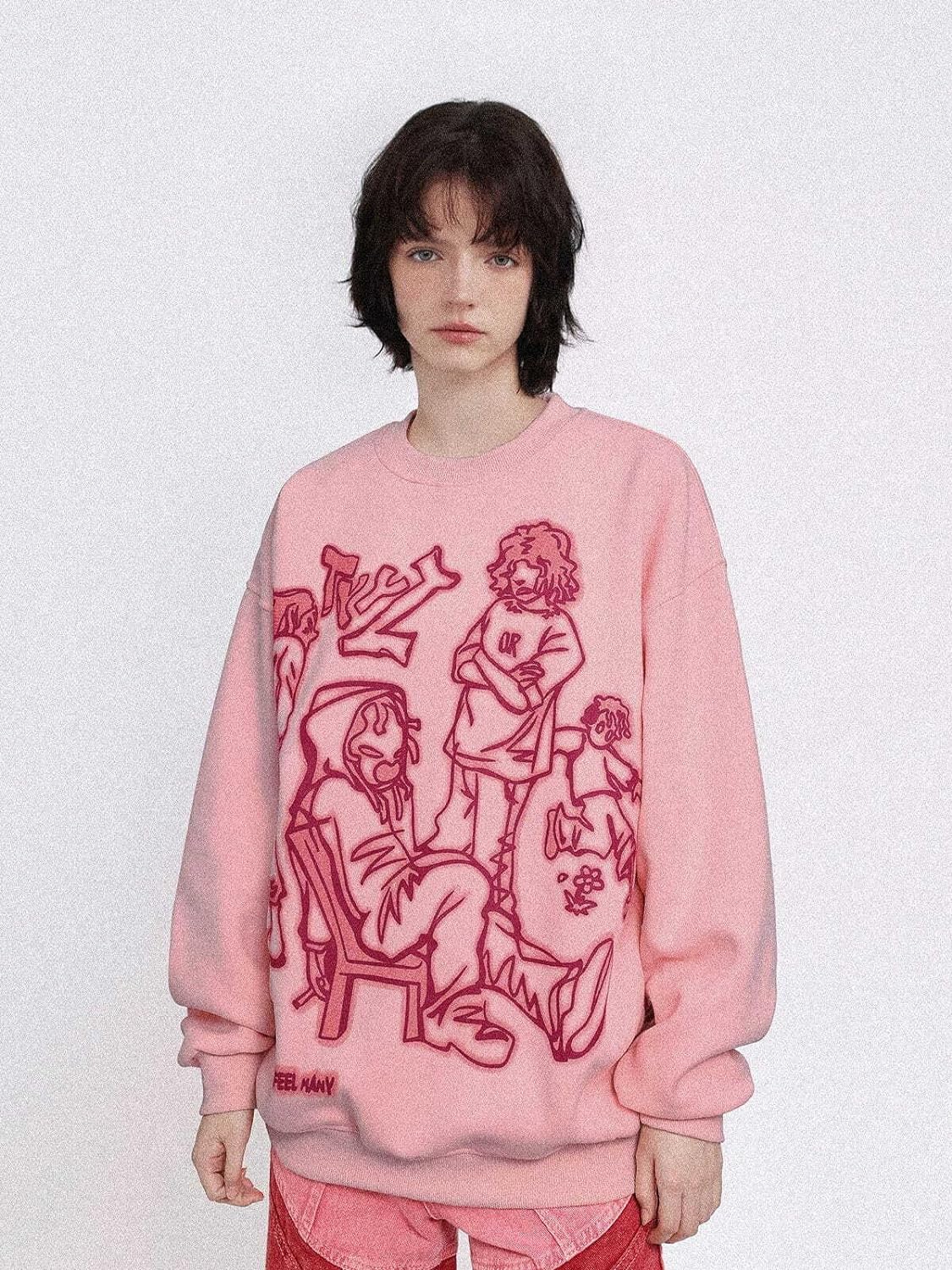 Aelfric Eden Oversized Crewneck Sweatshirts For Men Red Vintage Graphic Pullover Loose Fit Streetwear Long Sleeve TopA01pink