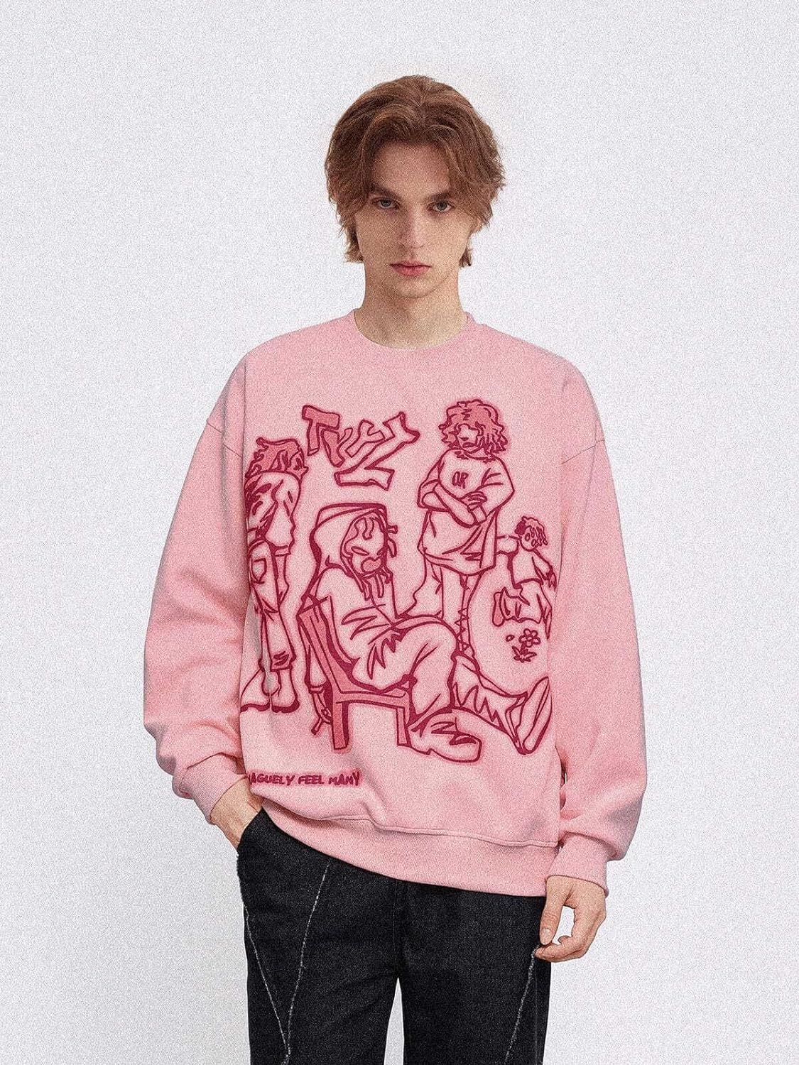 Aelfric Eden Oversized Crewneck Sweatshirts For Men Red Vintage Graphic Pullover Loose Fit Streetwear Long Sleeve TopA01pink