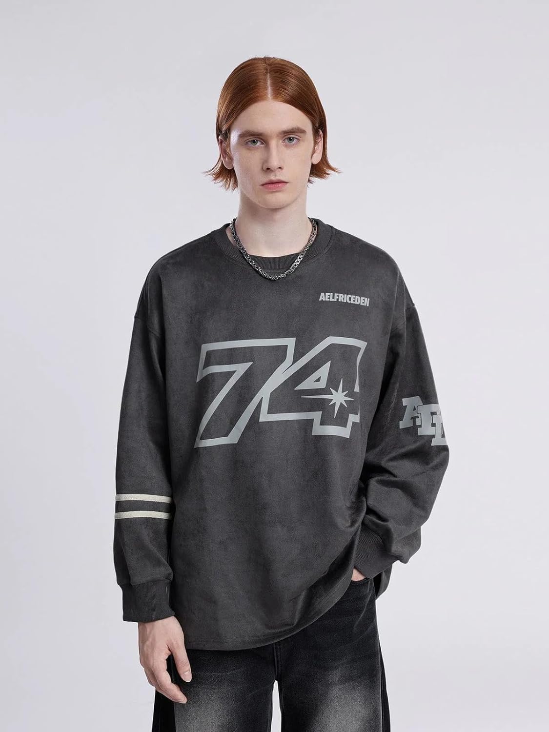 Aelfric Eden Oversized Crewneck Sweatshirts For Men Red Vintage Graphic Pullover Loose Fit Streetwear Long Sleeve TopD01grey