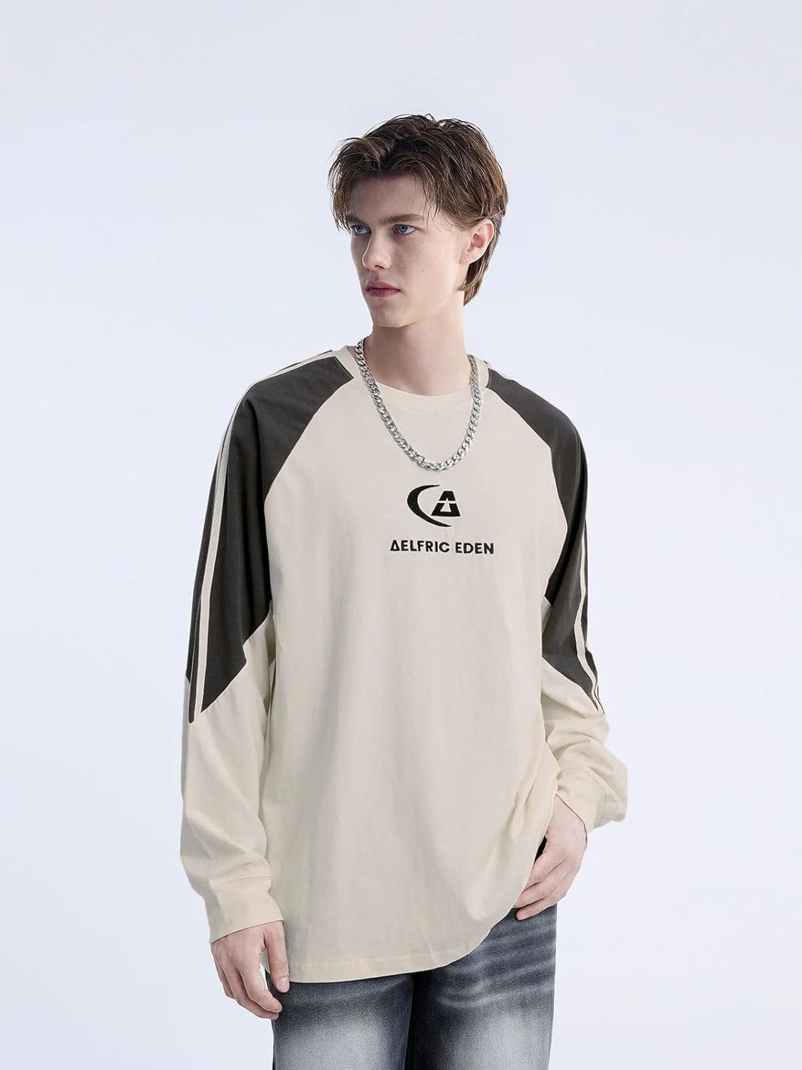 Aelfric Eden Oversized Crewneck Sweatshirts For Men Red Vintage Graphic Pullover Loose Fit Streetwear Long Sleeve TopD04dynamic Stripesampbeige