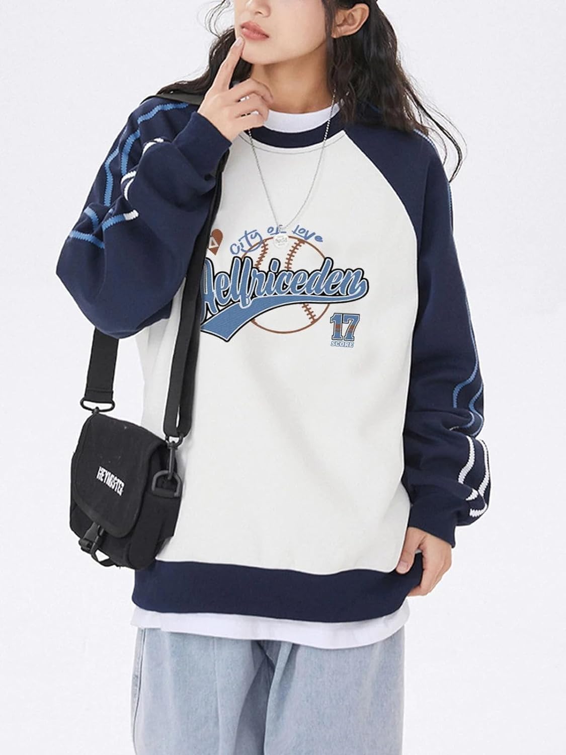 Aelfric Eden Oversized Crewneck Sweatshirts For Men Red Vintage Graphic Pullover Loose Fit Streetwear Long Sleeve TopF02side Stripe amp Whiteblue
