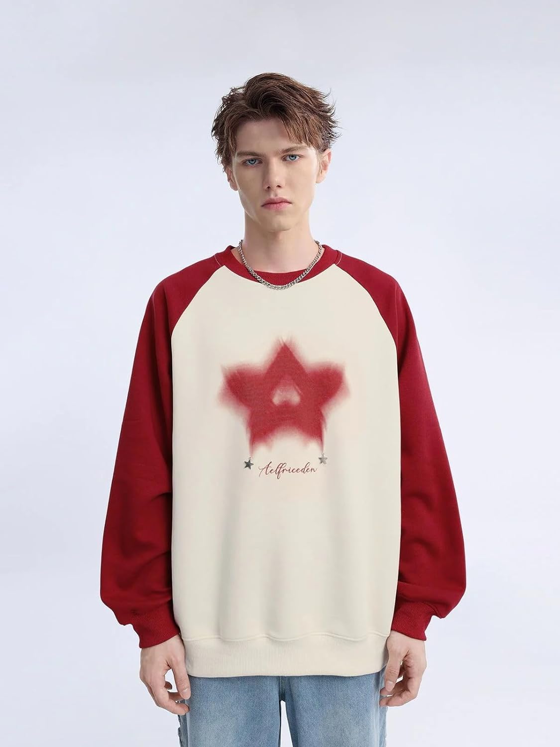 Aelfric Eden Oversized Crewneck Sweatshirts For Men Red Vintage Graphic Pullover Loose Fit Streetwear Long Sleeve TopF03blurring Star amp Red