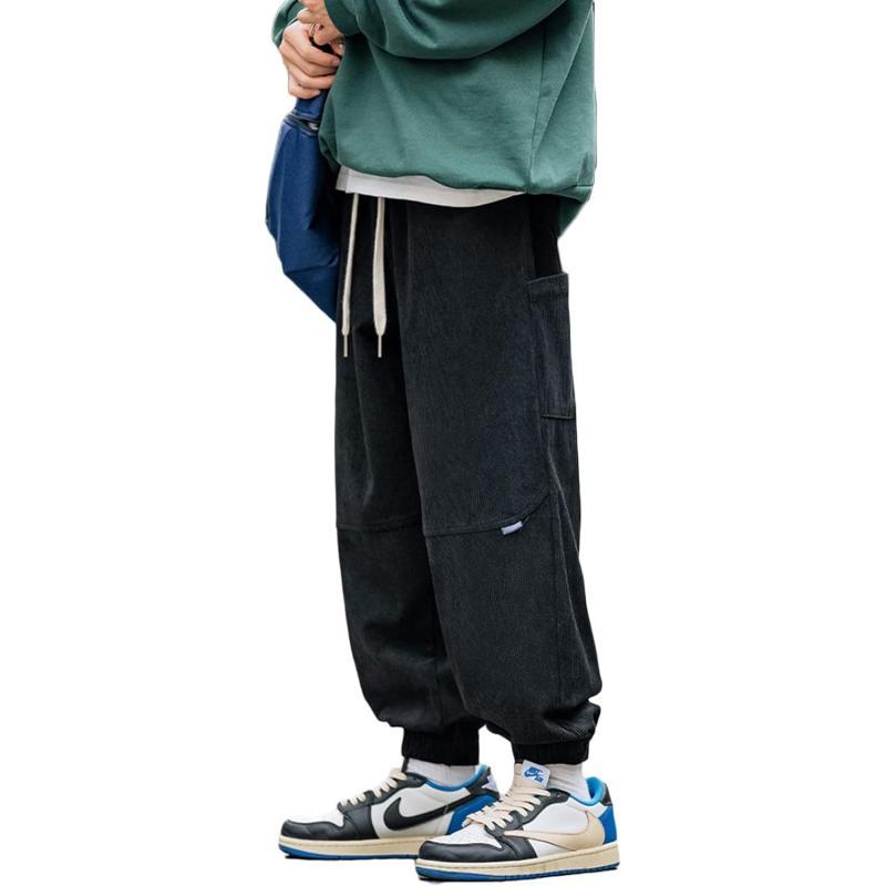 Aelfric Eden Mens Corduroy Vintage Cargo Sweatpants Long Solid Elastic Waist Casual Pants Hip hop Streetwear Pant13black