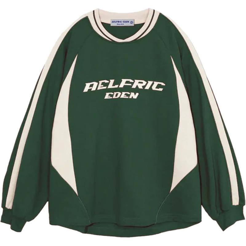 Aelfric Eden Oversized Crewneck Sweatshirts For Men Red Vintage Graphic Pullover Loose Fit Streetwear Long Sleeve TopApatchwork amp Green