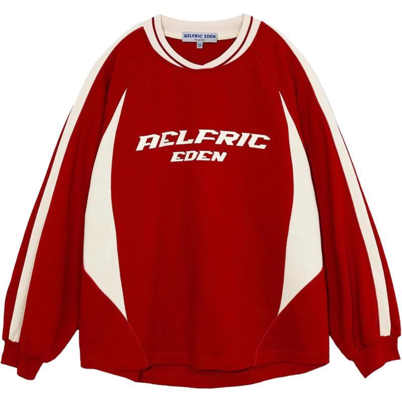 Aelfric Eden Oversized Crewneck Sweatshirts For Men Red Vintage Graphic Pullover Loose Fit Streetwear Long Sleeve TopAred
