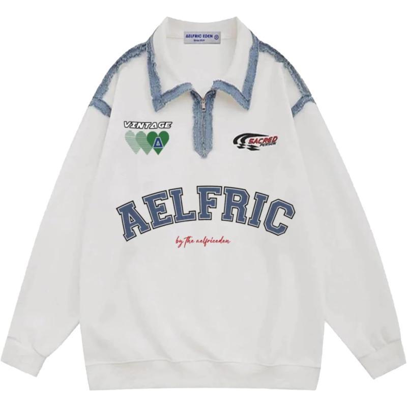 Aelfric Eden Oversized Crewneck Sweatshirts For Men Red Vintage Graphic Pullover Loose Fit Streetwear Long Sleeve TopE02embroidery Patchwork Polo amp White