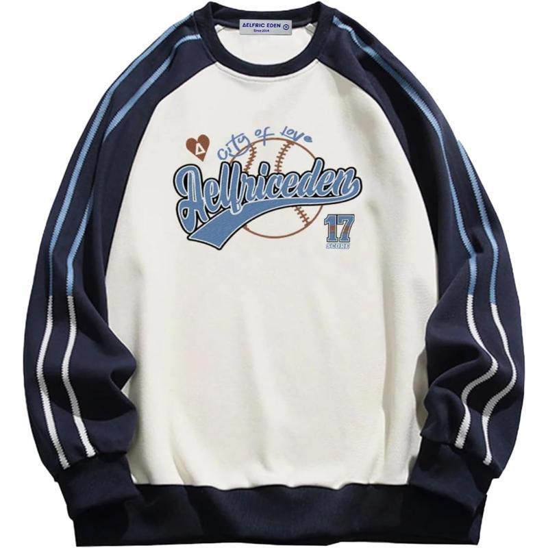 Aelfric Eden Oversized Crewneck Sweatshirts For Men Red Vintage Graphic Pullover Loose Fit Streetwear Long Sleeve TopF02side Stripe amp Whiteblue