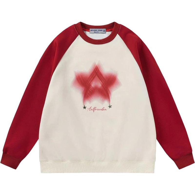 Aelfric Eden Oversized Crewneck Sweatshirts For Men Red Vintage Graphic Pullover Loose Fit Streetwear Long Sleeve TopF03blurring Star amp Red