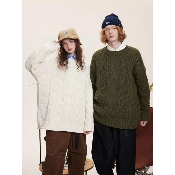 Aelfric Eden Cable Knit Sweater Women Vintage Chunky Cream Sweater Men Woven Crewneck Knitted Pullover White605army Green