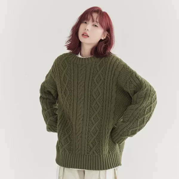 Aelfric Eden Cable Knit Sweater Women Vintage Chunky Cream Sweater Men Woven Crewneck Knitted Pullover White605army Green