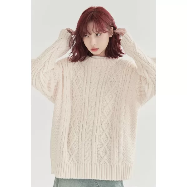 Aelfric Eden Cable Knit Sweater Women Vintage Chunky Cream Sweater Men Woven Crewneck Knitted Pullover White605beige