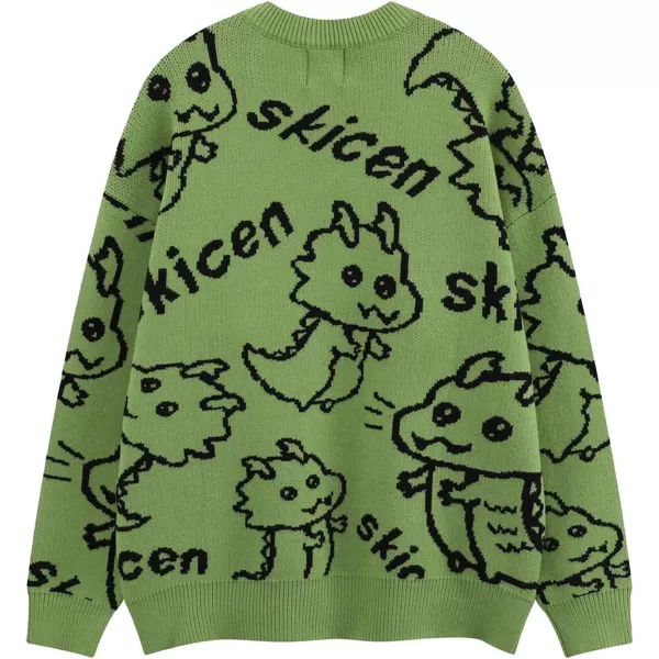 Aelfric Eden Casual Animals Print Long Sleeve Knit Sweater Classic Crewneck Oversized Loose Fit SweaterA02cute Dinosaur amp Green