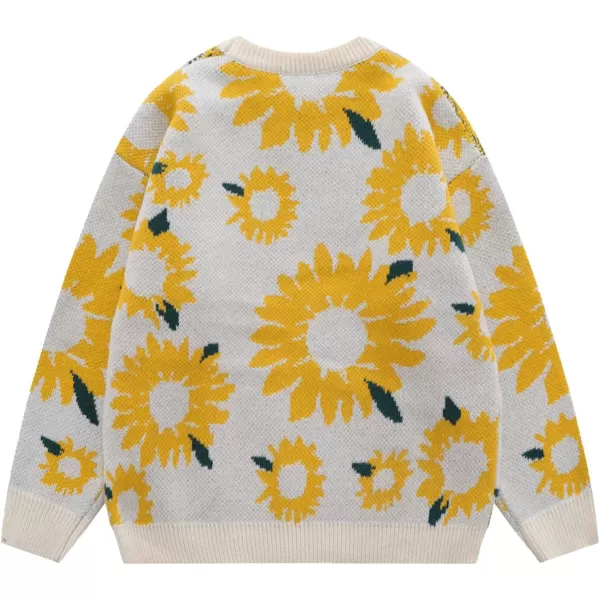 Aelfric Eden Casual Animals Print Long Sleeve Knit Sweater Classic Crewneck Oversized Loose Fit SweaterC01sunflower amp Whiteyellow