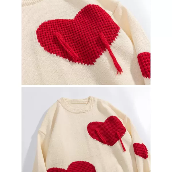 Aelfric Eden Graphic Heart Printed Knit Sweater Long Sleeve Crewneck Oversized Loose Fit Pullover TopsC01beige