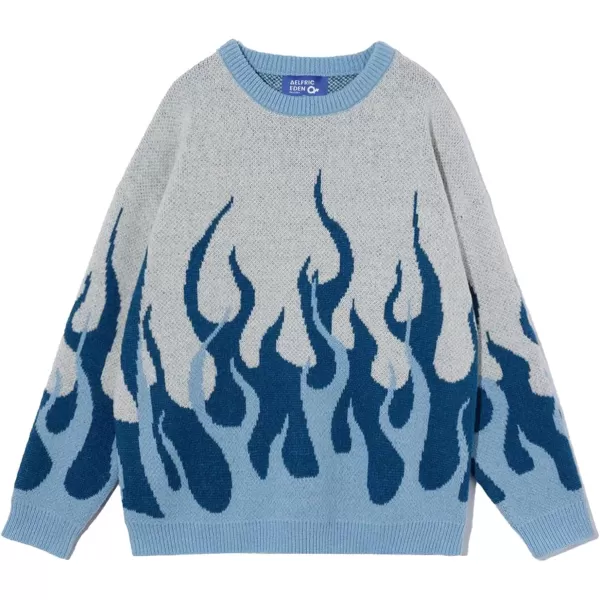 Aelfric Eden Mens Color Patchwork Oversized Sweater Knit Jumper Pullover Unisex Blue Flame Long Sleeve Casual SweatersB10blue