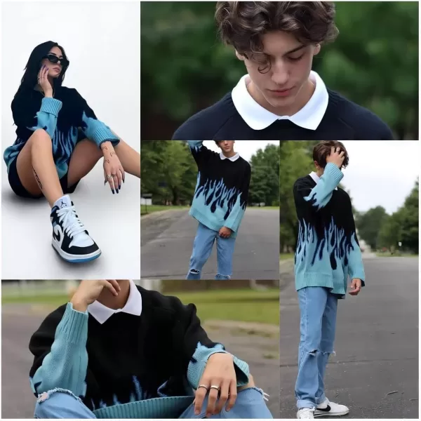 Aelfric Eden Mens Color Patchwork Oversized Sweater Knit Jumper Pullover Unisex Blue Flame Long Sleeve Casual SweatersBlack