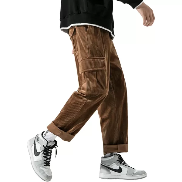 Aelfric Eden Mens Corduroy Vintage Cargo Sweatpants Long Solid Elastic Waist Casual Pants Hip hop Streetwear Pant11brown