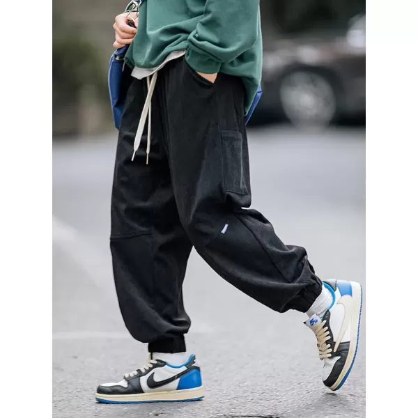 Aelfric Eden Mens Corduroy Vintage Cargo Sweatpants Long Solid Elastic Waist Casual Pants Hip hop Streetwear Pant13black