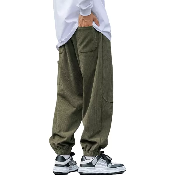 Aelfric Eden Mens Corduroy Vintage Cargo Sweatpants Long Solid Elastic Waist Casual Pants Hip hop Streetwear Pant13green