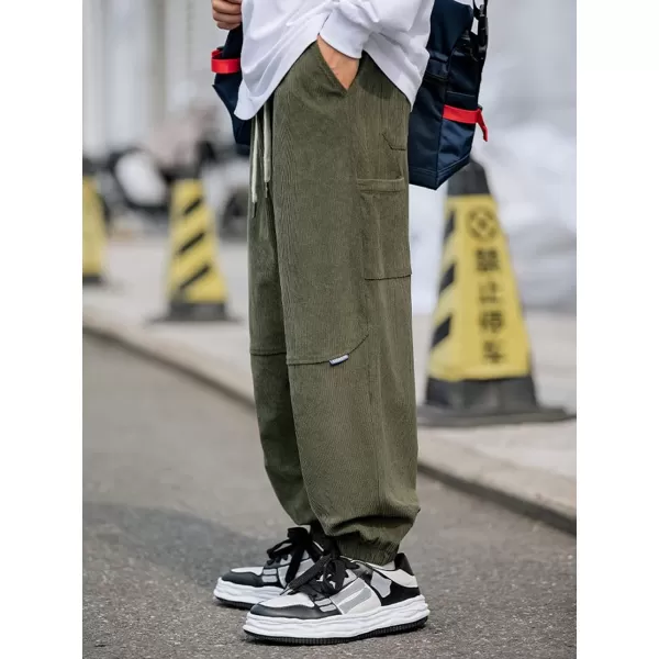 Aelfric Eden Mens Corduroy Vintage Cargo Sweatpants Long Solid Elastic Waist Casual Pants Hip hop Streetwear Pant13green