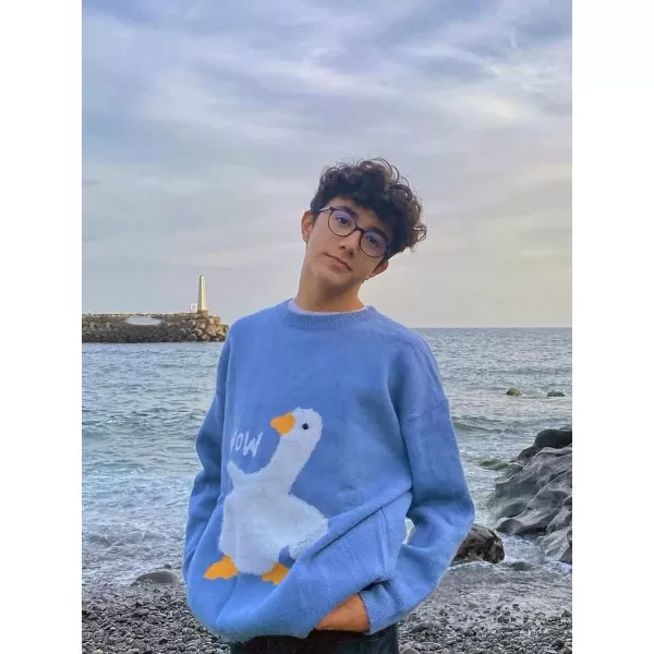 Aelfric Eden Mens Fashion Ducks Cartoon Sweaters Unisex Oversized Jumper Long Sleeve Casual Sweater Retro Couple TopA17blue