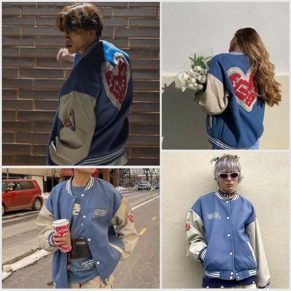 Aelfric Eden Mens Letter Foaming Love Print Varsity Jacket Vintage Graphic Baseball Jacket Unisex Coats StreetwearBlue