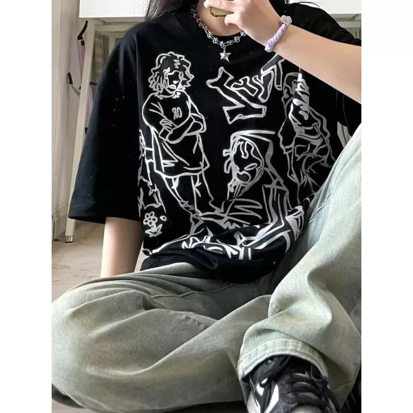 Aelfric Eden Mens Oversized T Shirts Tees Distorted Portrait Print Crew Neck Cotton Tops Streetwear Casual ShirtX109black