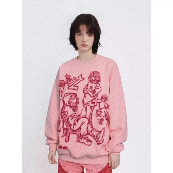 Aelfric Eden Oversized Crewneck Sweatshirts For Men Red Vintage Graphic Pullover Loose Fit Streetwear Long Sleeve TopA01pink