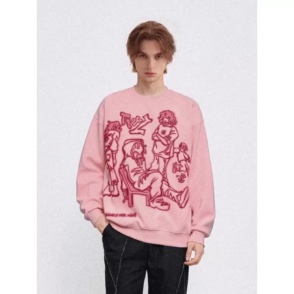 Aelfric Eden Oversized Crewneck Sweatshirts For Men Red Vintage Graphic Pullover Loose Fit Streetwear Long Sleeve TopA01pink