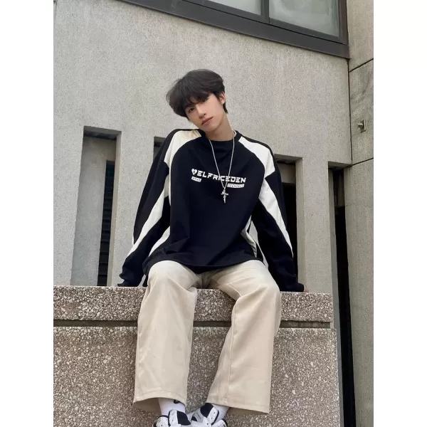 Aelfric Eden Oversized Crewneck Sweatshirts For Men Red Vintage Graphic Pullover Loose Fit Streetwear Long Sleeve TopD04patchworkampblack