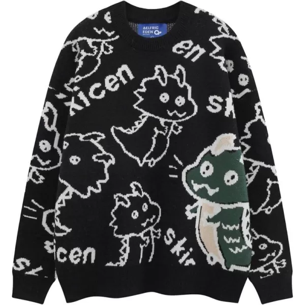 Aelfric Eden Casual Animals Print Long Sleeve Knit Sweater Classic Crewneck Oversized Loose Fit SweaterA02cute Dinosaur amp Black