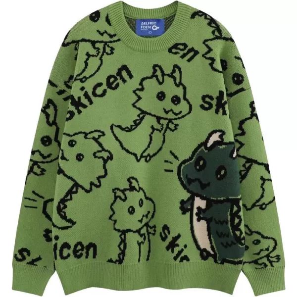 Aelfric Eden Casual Animals Print Long Sleeve Knit Sweater Classic Crewneck Oversized Loose Fit SweaterA02cute Dinosaur amp Green